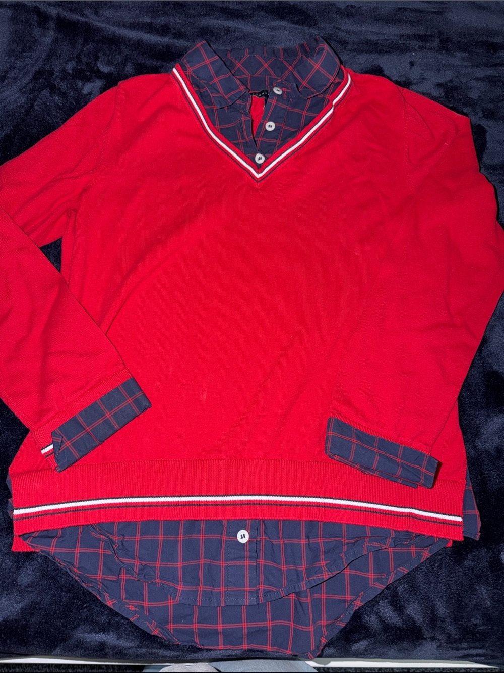 Tommy Hilfiger Red V-Neck Sweater with Navy Plaid Shirt Detail